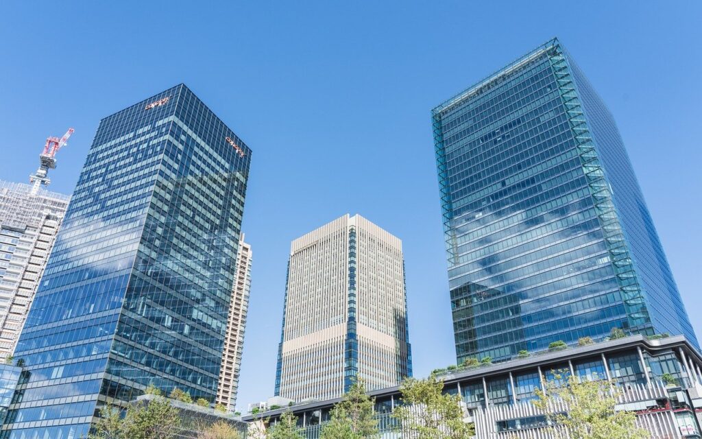 building, architecture, osaka, urban, skyscraper, facade, modern, design, reflection, glass, window, japan, city, perspective